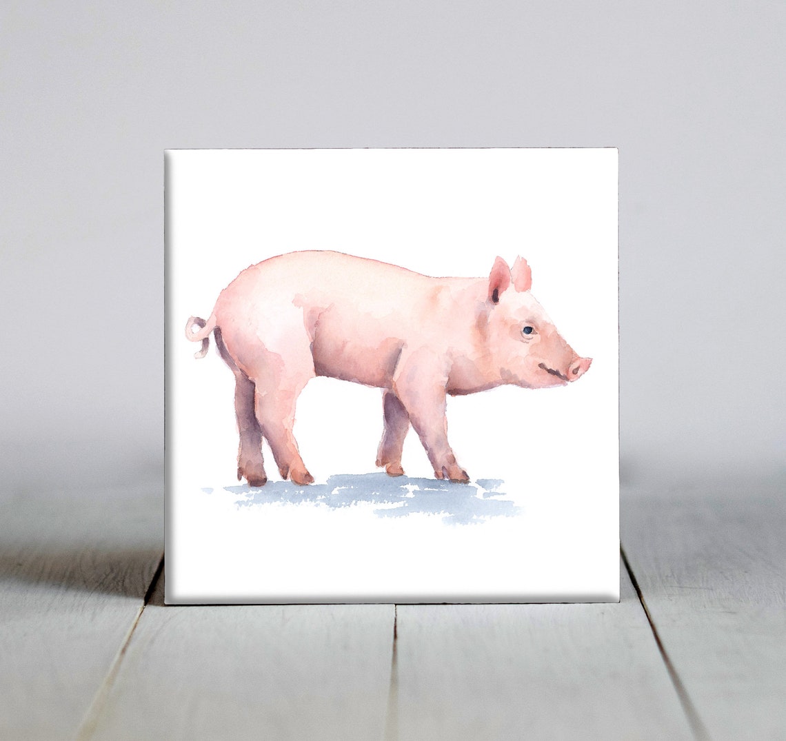 Cheerful Pink Piglet Trotting Watercolor Farm Animal Tile Poster