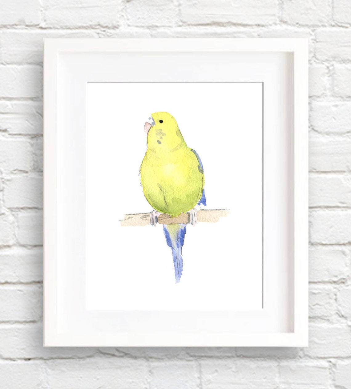 Yellow Green Budgerigar Perched Watercolor Bird Nursery Poster