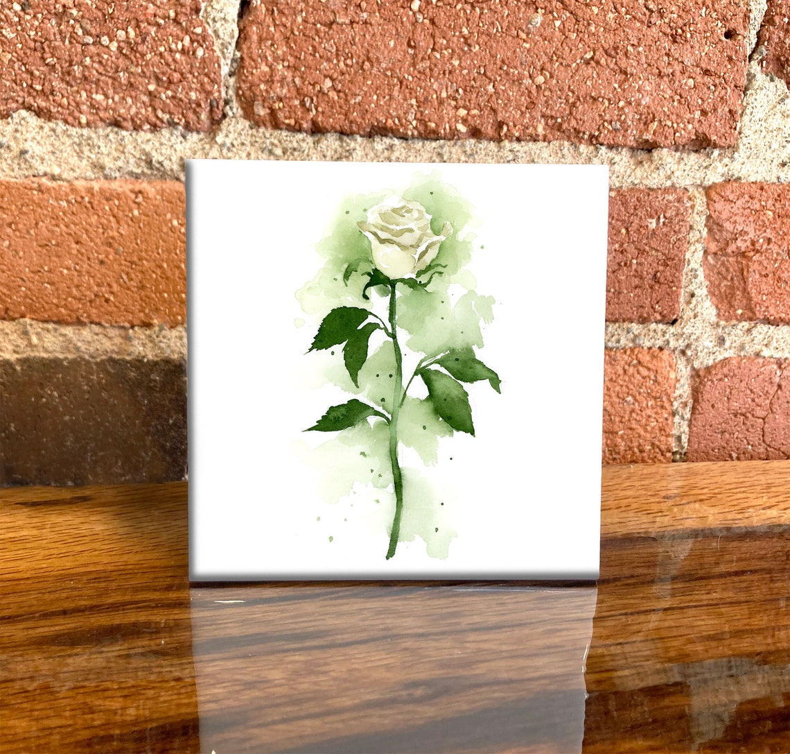 White Rose with Green Wash Watercolor Floral Tile Decor Poster