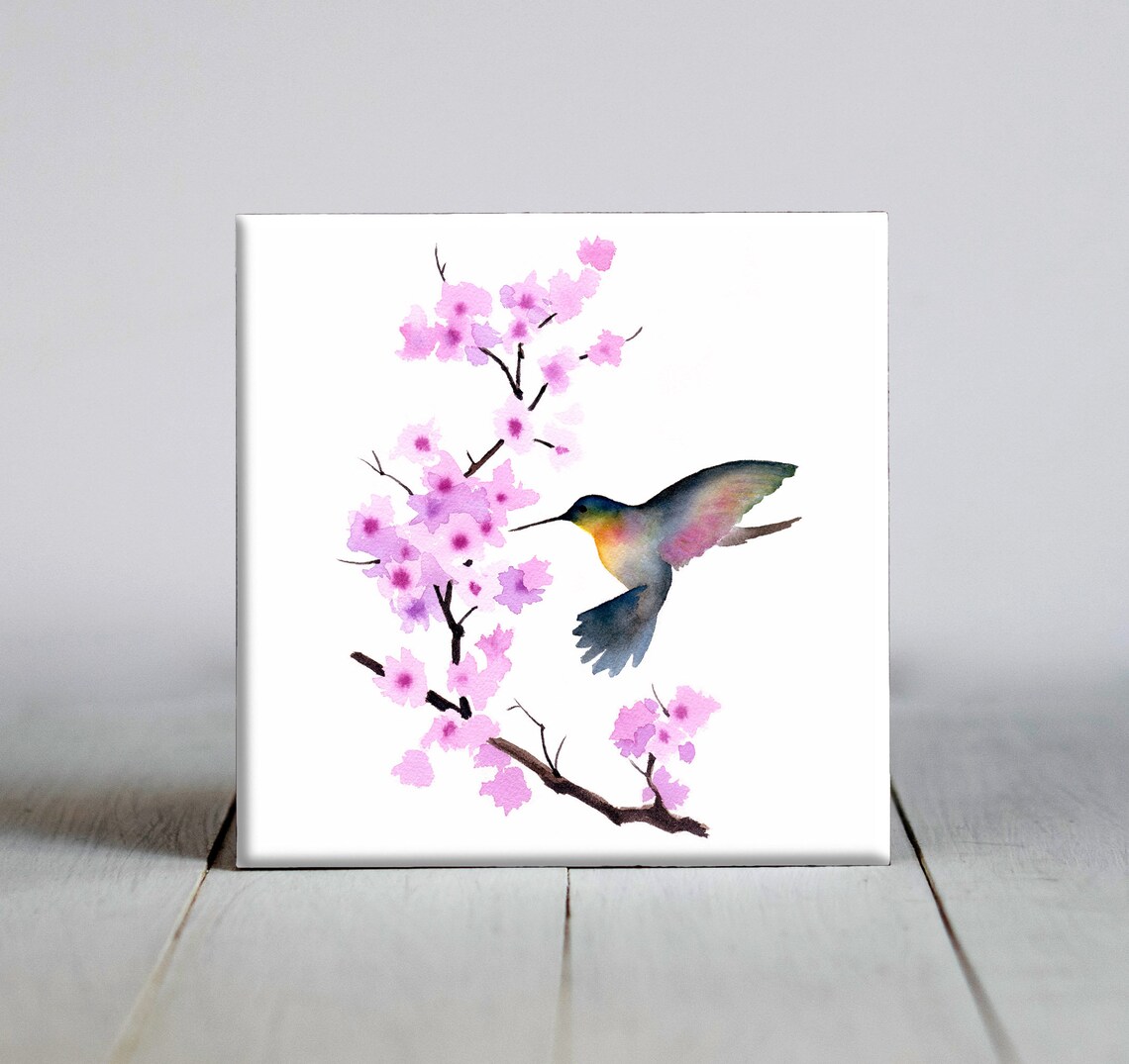 Hummingbird Cherry Blossoms Art Print, Nature Decor