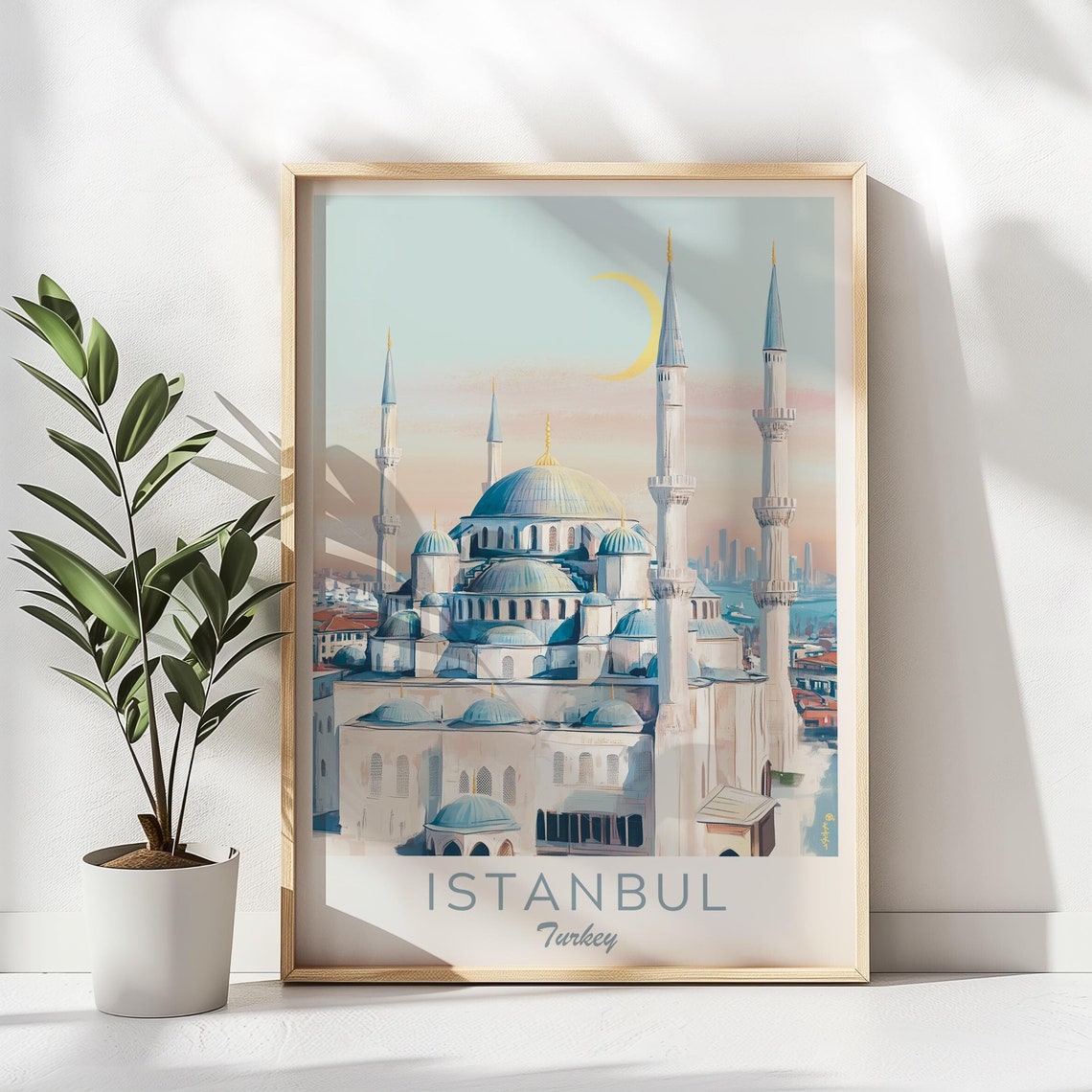 Istanbul Turkey Blue Mosque Minarets Crescent Moon Dawn Poster