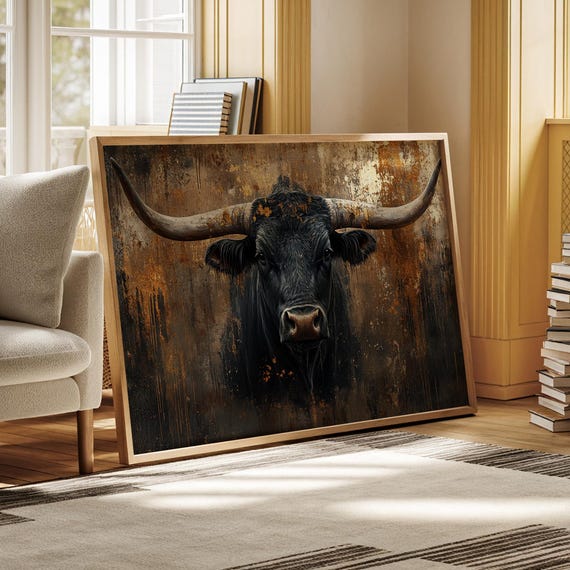 Bold Longhorn Bull Art Print Western Ranch Wall Decor Rustic Cowboy Home Style Texas Cattle Portrait Distressed Farmhouse Art