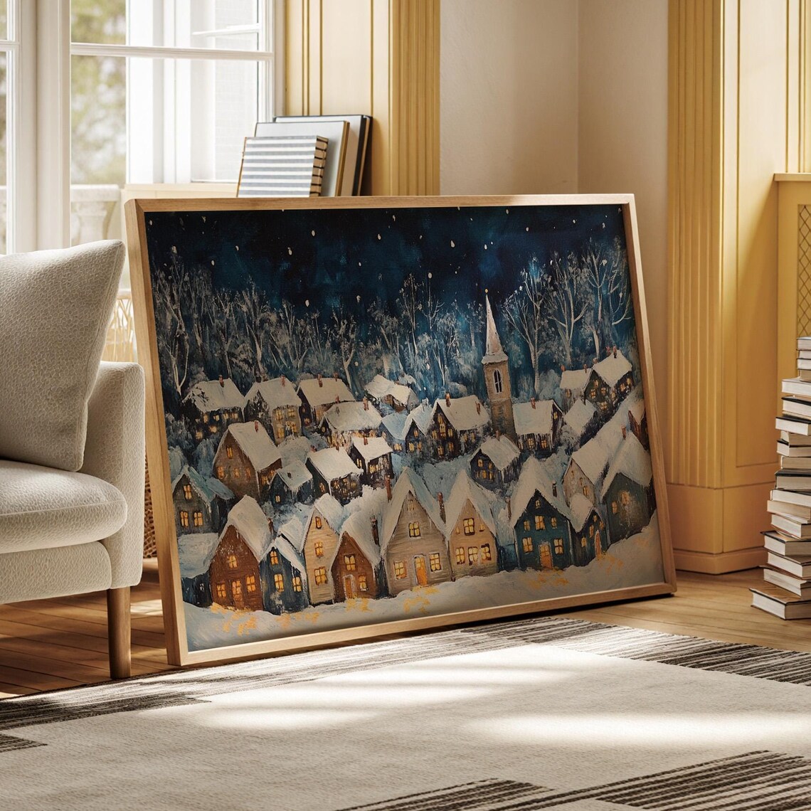 Snowy Winter Village Wall Art Festive Christmas Print With Cozy Houses For Living Room Bedroom Or Holiday Decor