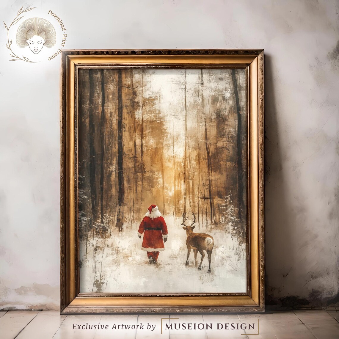 Rustic Santa Reindeer Winter Forest Scene Vintage Holiday Painting Poster