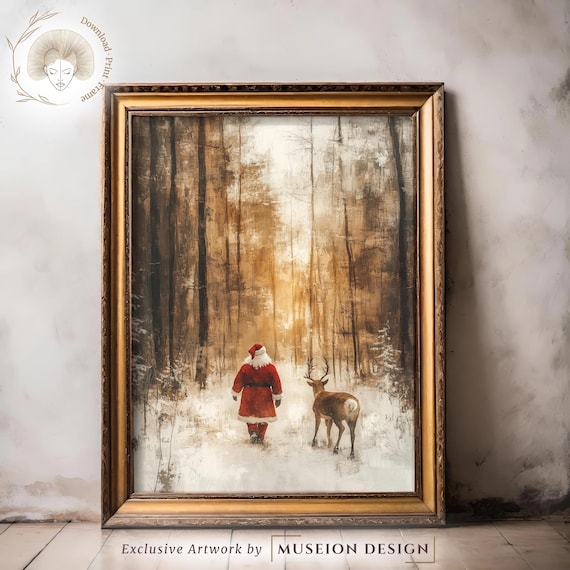 Rustic Santa Reindeer Winter Forest Scene Vintage Holiday Painting Poster