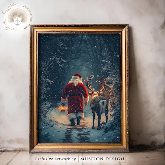 Vintage Santa Reindeer Snowy Night Forest Lantern Holiday Scene Poster