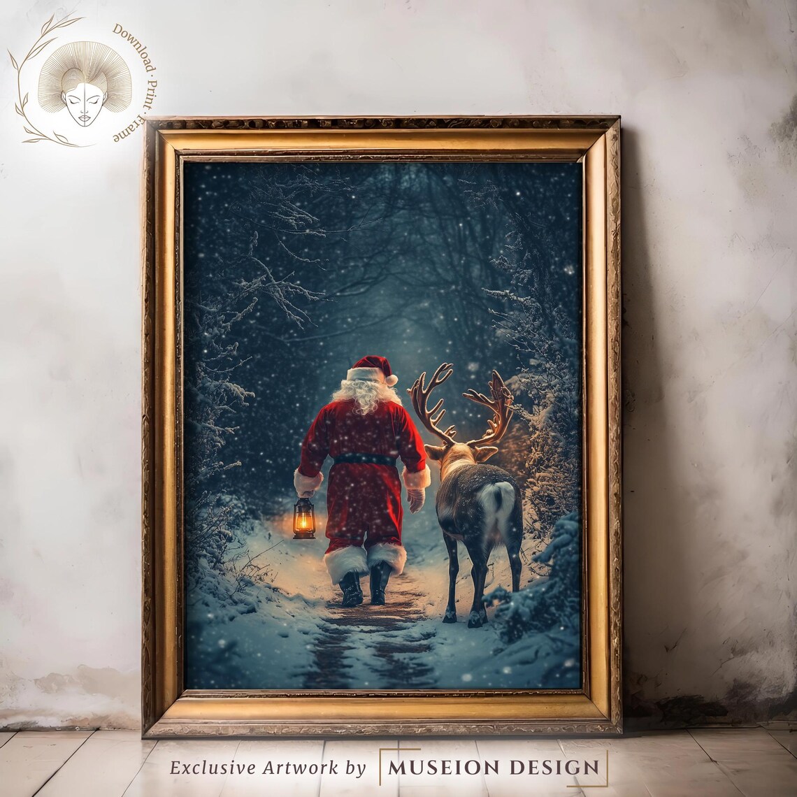 Vintage Santa Reindeer Snowy Night Forest Lantern Holiday Scene Poster