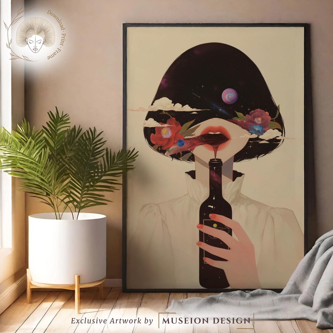 Surreal Woman Portrait Cosmic Galaxy Hair Abstract Wine Bottle Art Poster