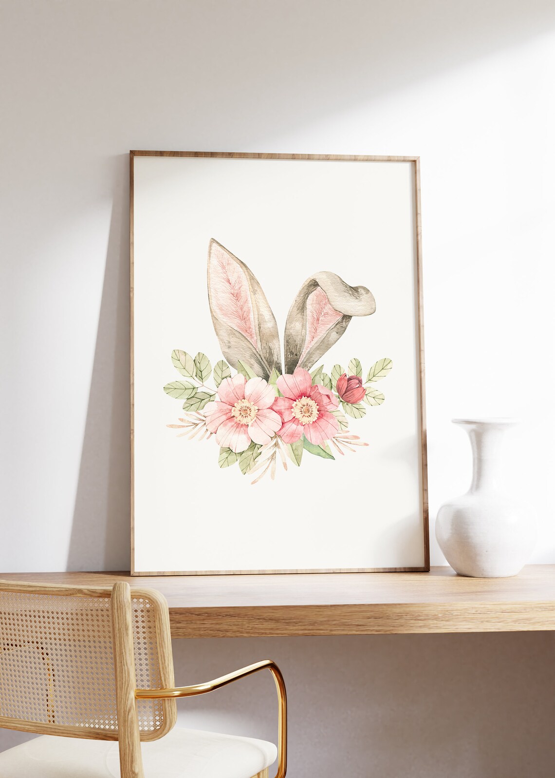 Watercolor Bunny Ears With Pink Blossoms Easter Nursery Poster - Image 4