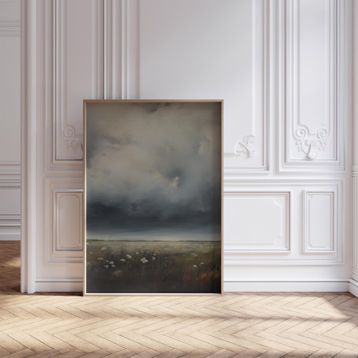 Dark Stormy Sky Looming Over Wildflower Meadow Landscape Print - Image 4