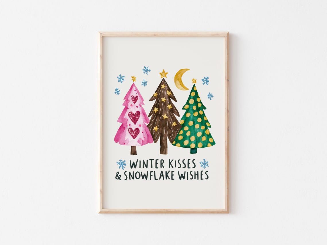 Winter Kisses and Snowflake Wishes Colorful Christmas Trees Poster - Image 3