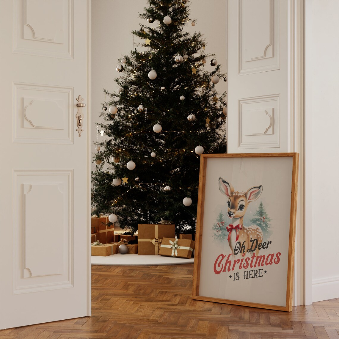 Oh Deer Christmas Is Here Cute Fawn Snowy Vintage Holiday Poster - Image 2