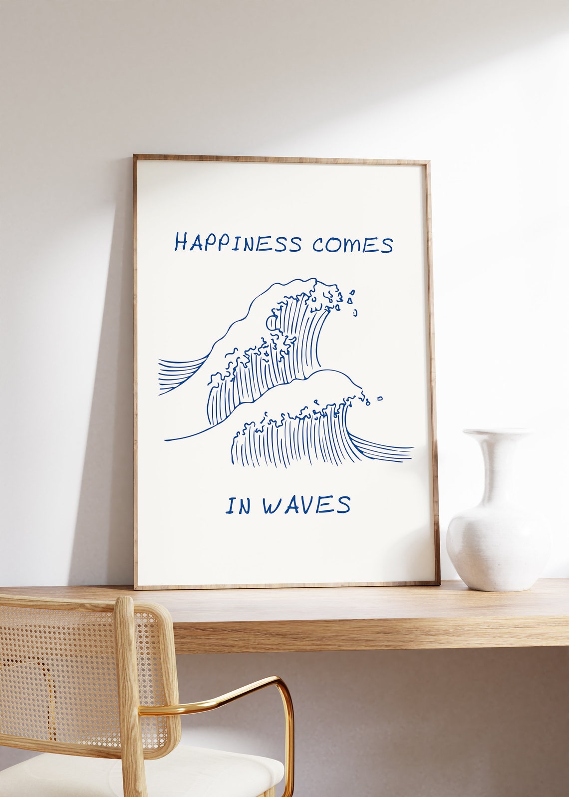 Happiness Comes in Waves Minimalist Surf Line Art Quote Poster - Image 2