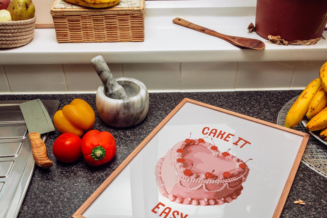 Cake It Easy Heart Shaped Pink Cherry Cake Bakery Kitchen Poster - Image 4
