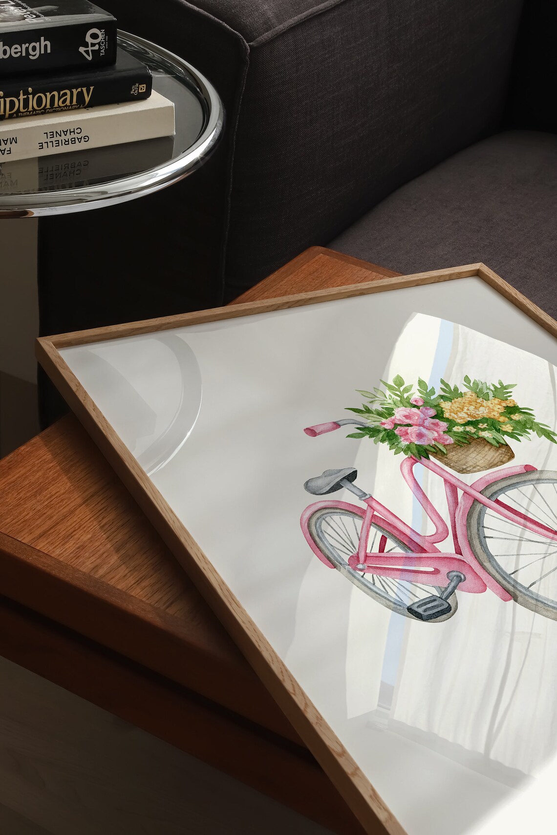 Pink Bicycle With Flower Basket Watercolor Spring Flower Poster - Image 3