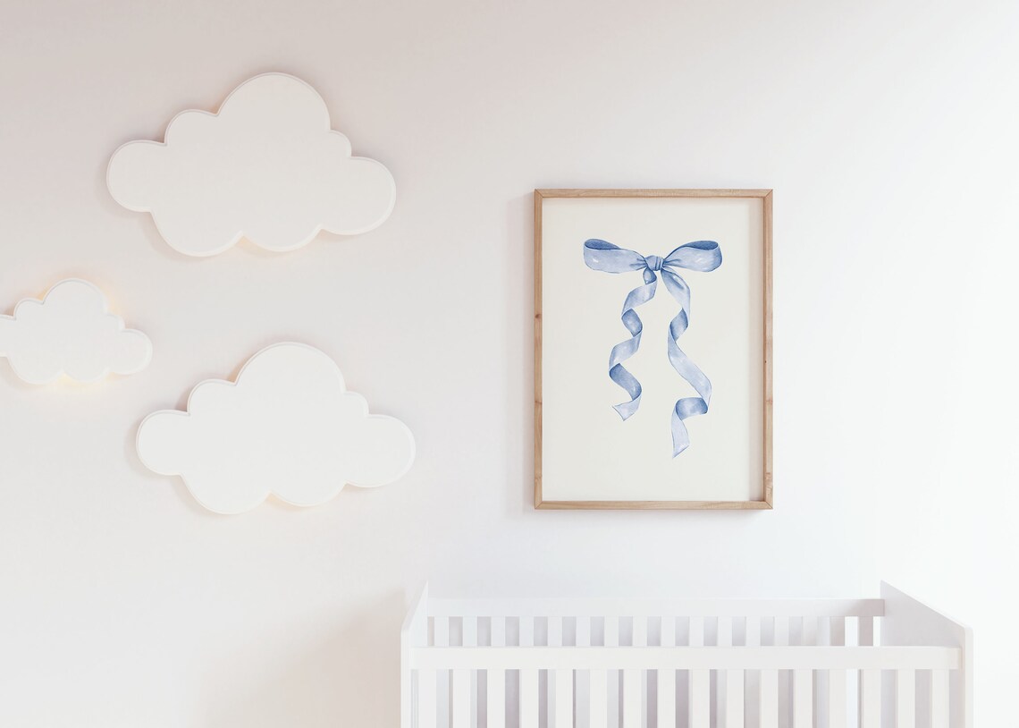 Blue Bow Nursery Art Print, Coastal Coquette Decor - Image 3