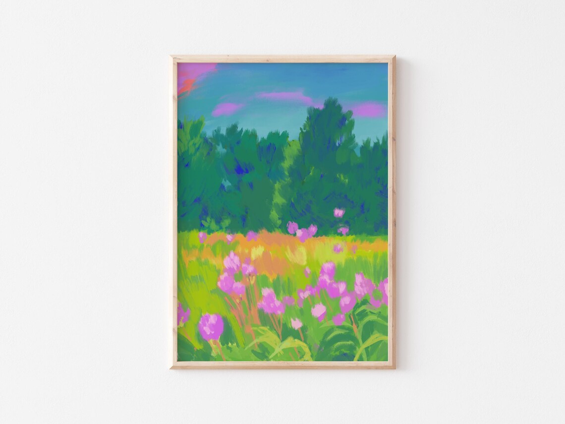 Bright Wildflower Meadow Teal Forest Abstract Floral Art Poster - Image 4