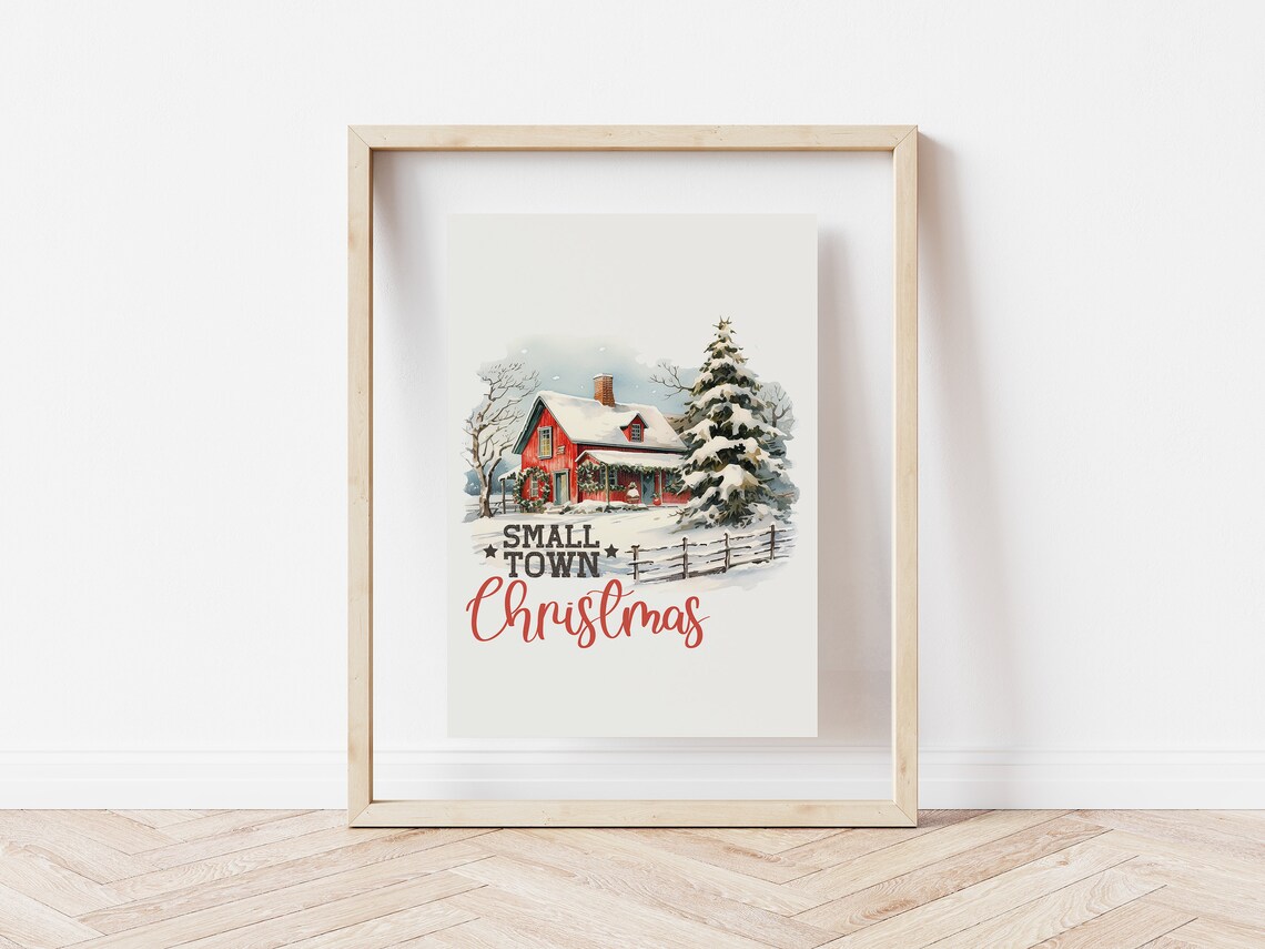Small Town Christmas Snowy Red Farmhouse Winter Watercolor Poster - Image 5