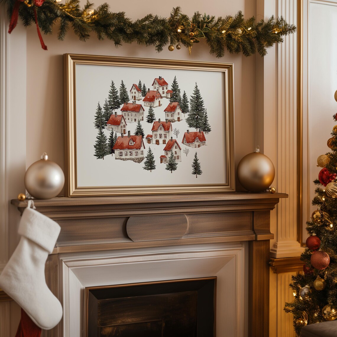 Snowy Winter Village Watercolor Christmas Poster with Red Roof Cottages - Image 5