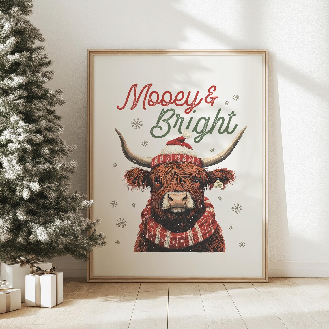 Mooey Christmas Farm, Funny Christmas Cow Art Print - Image 2