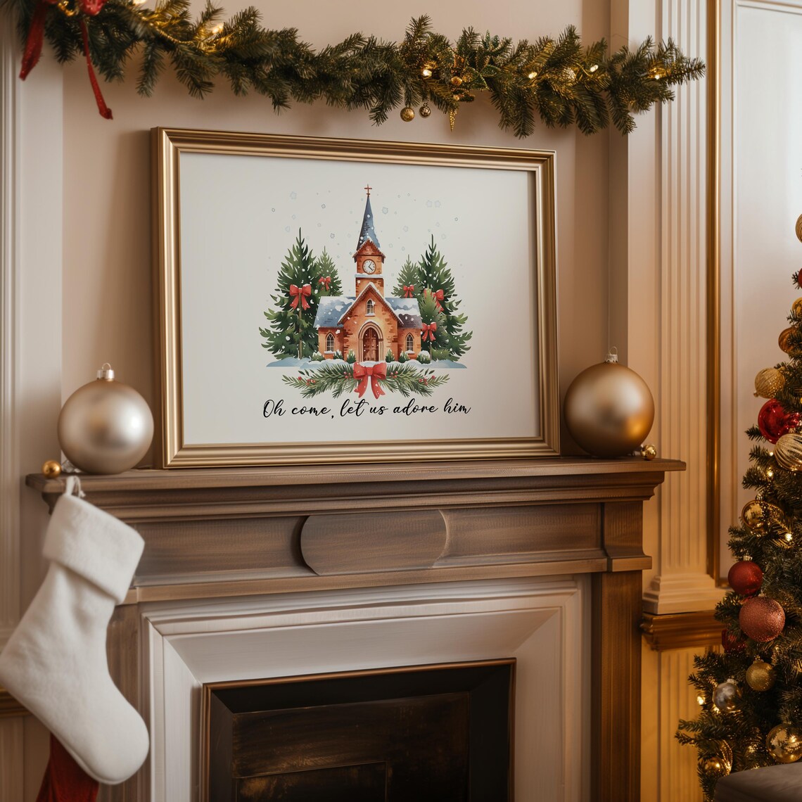 Oh Come Let Us Adore Him Snowy Christmas Chapel Watercolor Poster - Image 4
