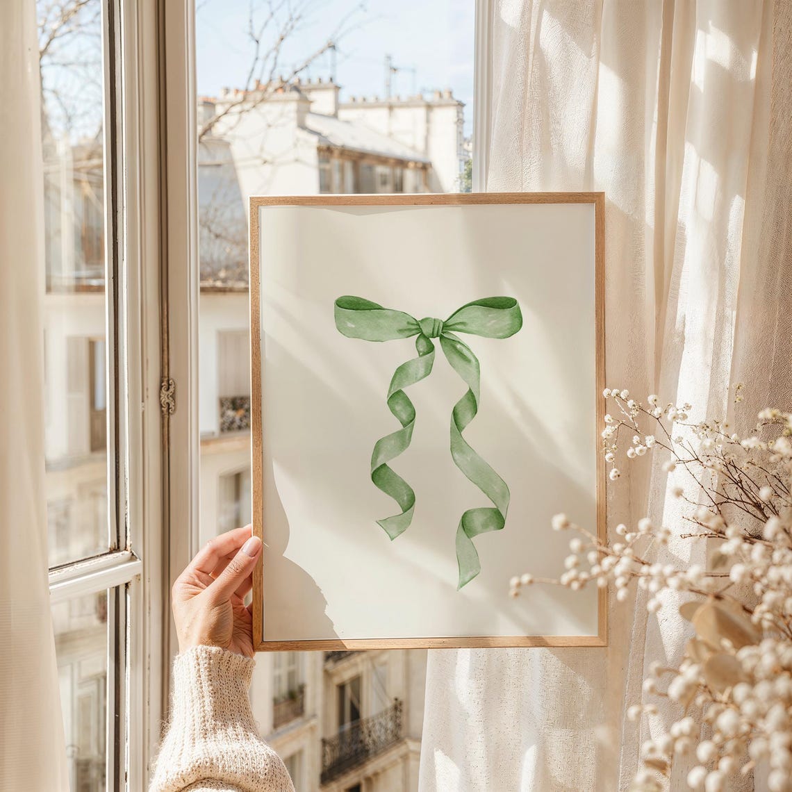 Sage Green Watercolor Ribbon Bow With Flowing Tails Coquette Print - Image 5