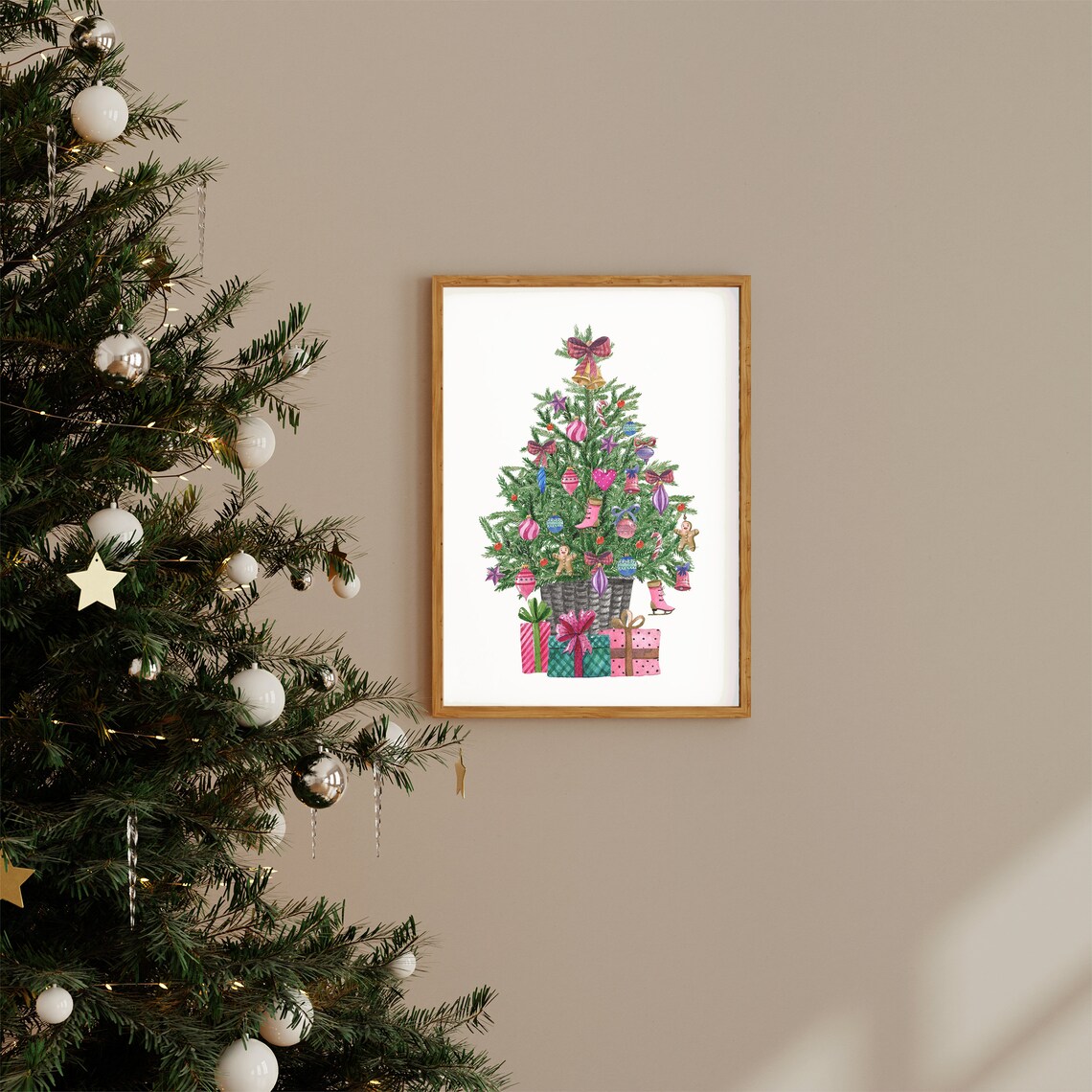 Pink Christmas Tree Watercolor With Gifts Preppy Holiday Wall Art - Image 2