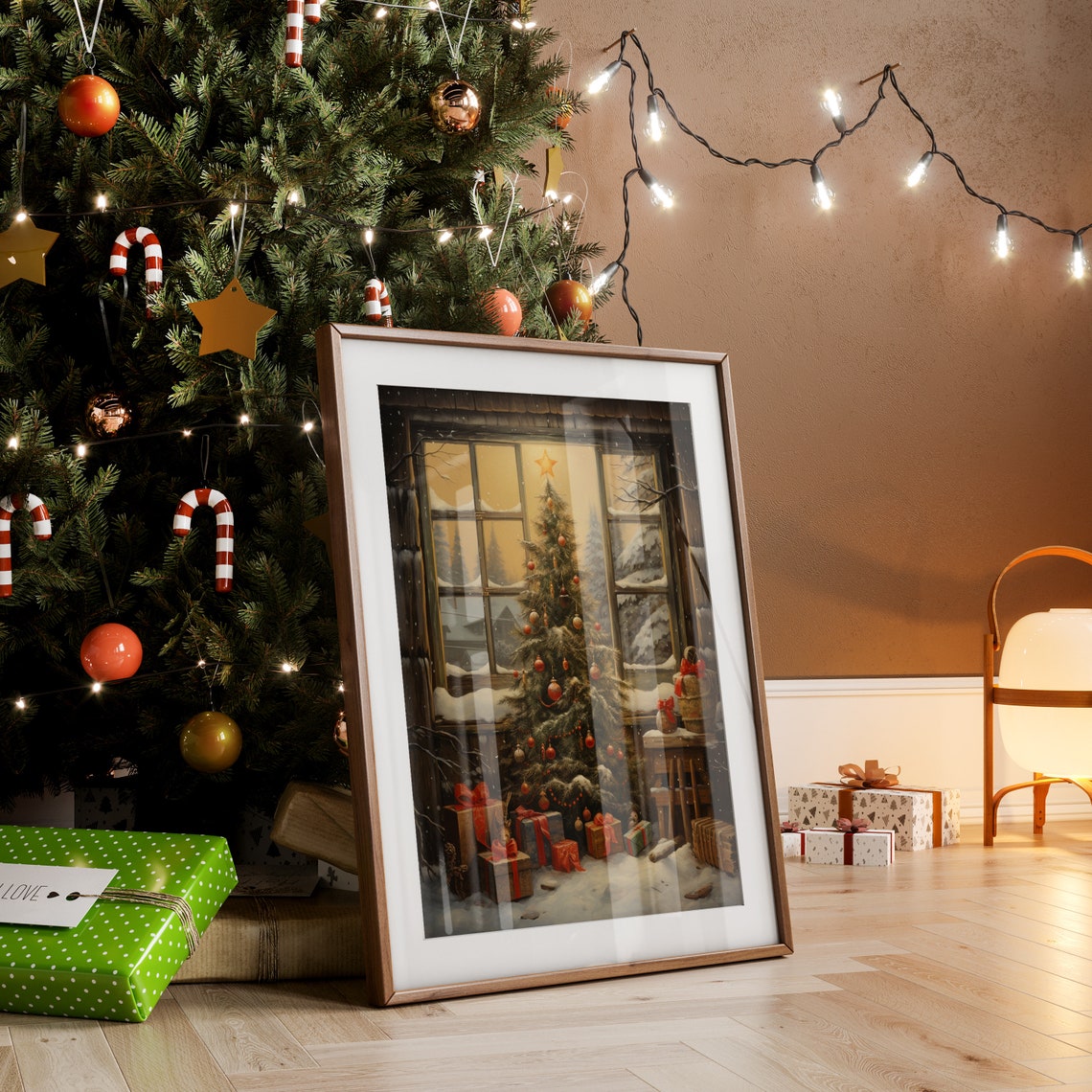 Vintage Christmas Tree By Snowy Cabin Window Winter Village Poster - Image 3