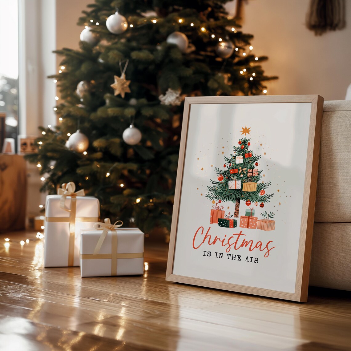 Christmas Is in the Air Watercolor Christmas Tree Gifts Poster - Image 2