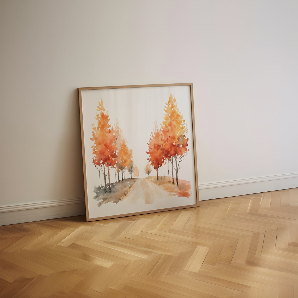 Watercolor Autumn Road Lined With Fiery Orange Trees Scene Poster - Image 2
