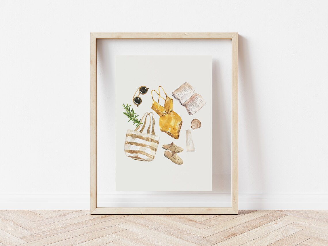Mustard Yellow Swimsuit Striped Tote Beach Day Watercolor Poster - Image 4