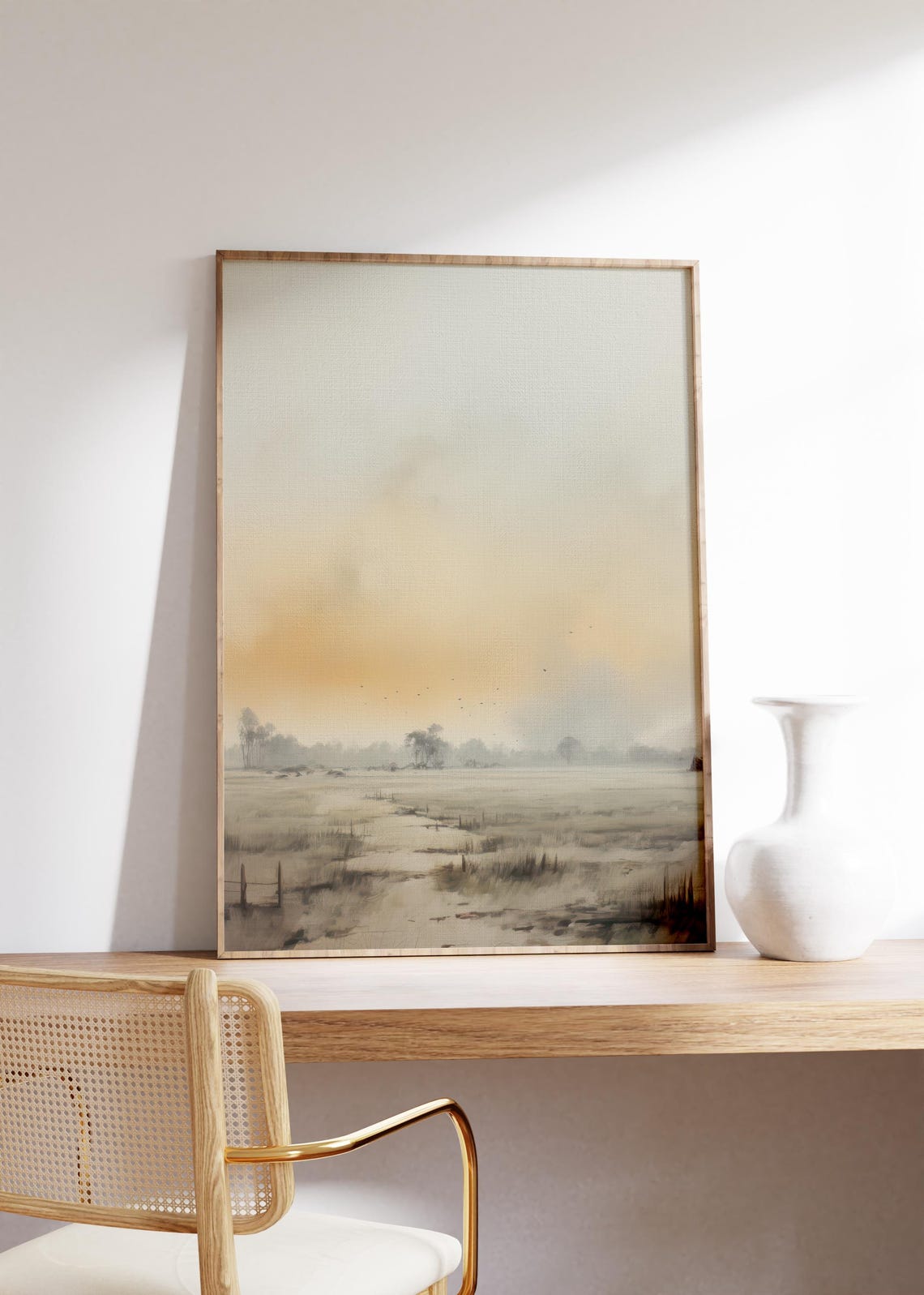 Warm Sunset Glow Settling Over Misty Meadow With Birds Print - Image 5