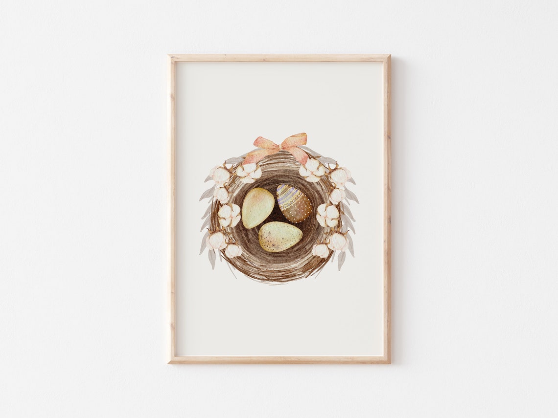 Watercolor Easter Bird Nest With Decorated Eggs Neutral Spring Poster - Image 4