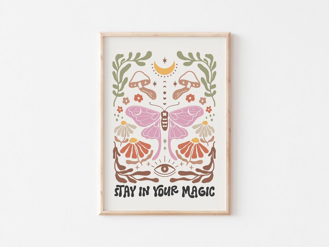 Stay in Your Magic Pink Moth Celestial Boho Floral Quote Poster - Image 5