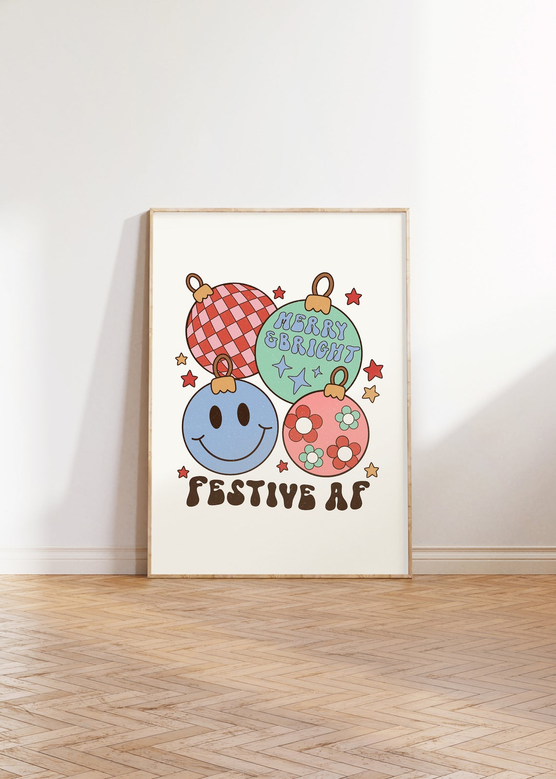 Festive AF Retro Smiley Face Christmas Ornaments Fun Holiday Poster - Image 3