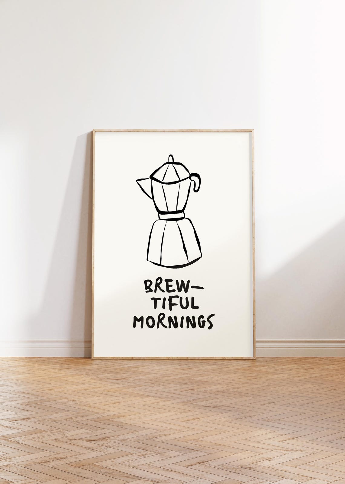 Brewtiful Mornings Minimal Moka Pot Coffee Kitchen Line Art Poster