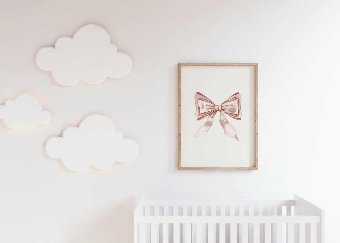 Neutral Cream Watercolor Bow Soft Balletcore Coquette Nursery Poster - Image 3