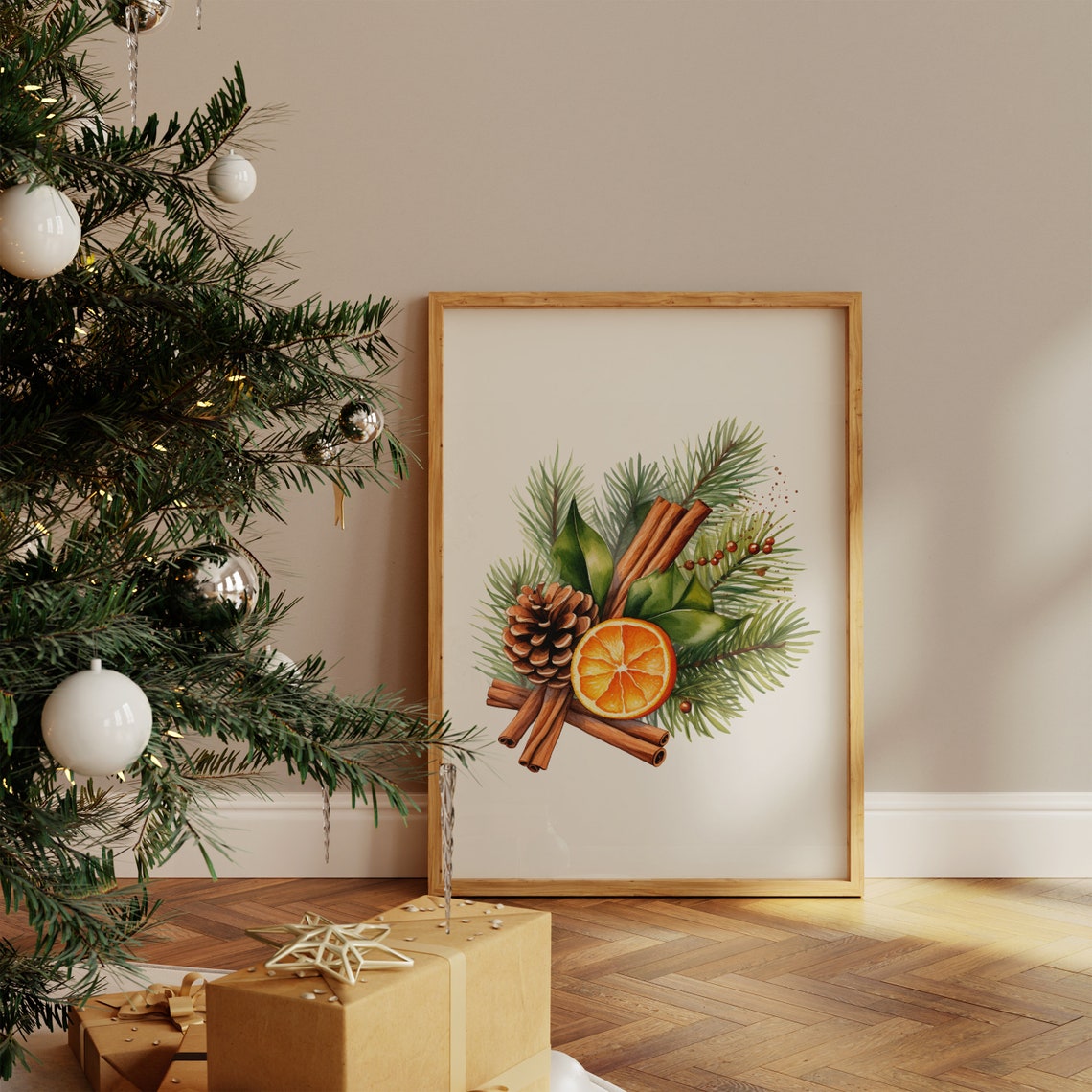 Rustic Watercolor Pine Cinnamon and Orange Slice Holiday Poster - Image 4