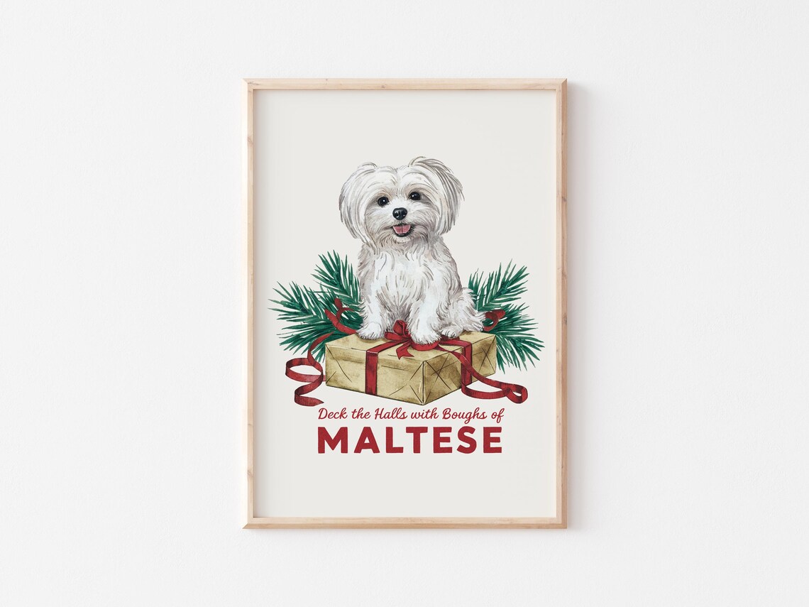 Deck the Halls Maltese Christmas Poster with Puppy on Gift Box - Image 5