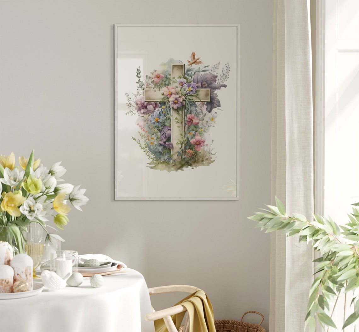 Watercolor Christian Cross With Pink Purple Wildflowers Easter Poster - Image 5