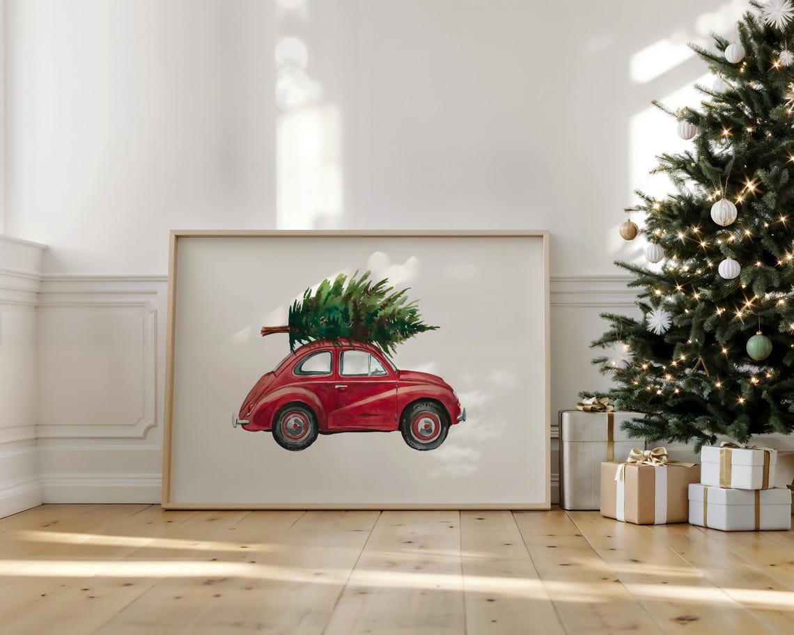 Vintage Red Beetle Car Carrying Christmas Tree Holiday Poster - Image 2