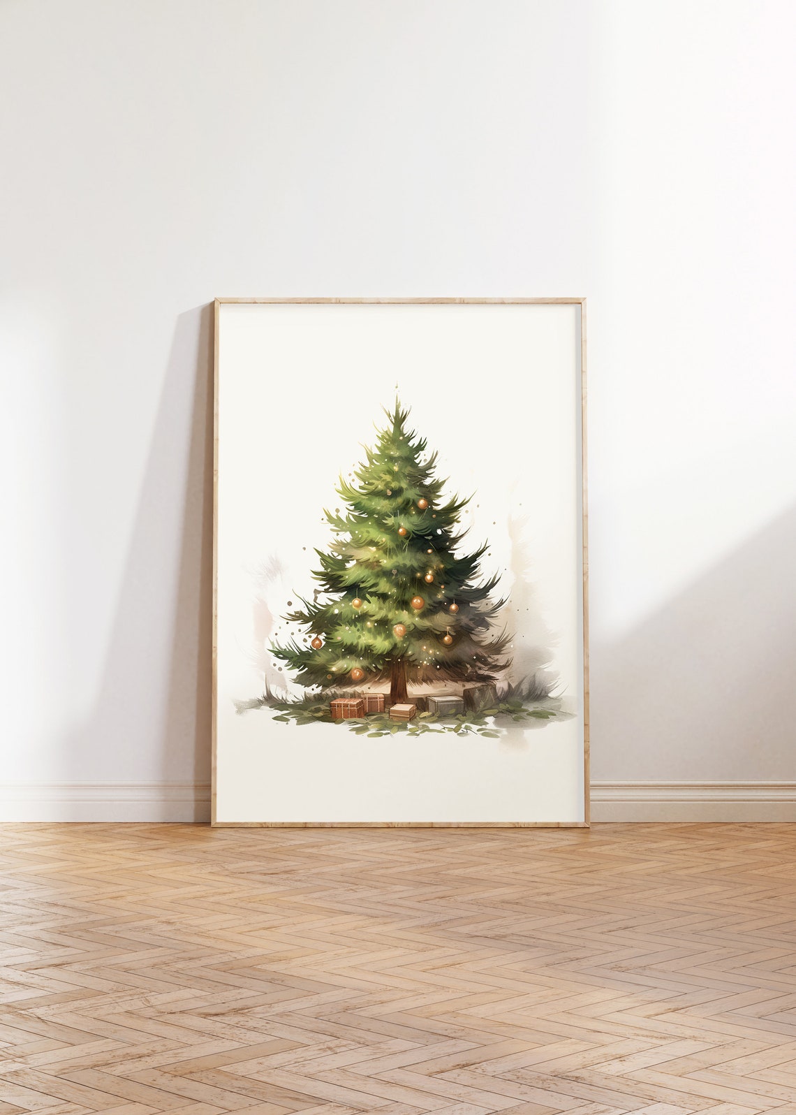 Watercolor Christmas Tree with Gold Ornaments Neutral Poster - Image 3