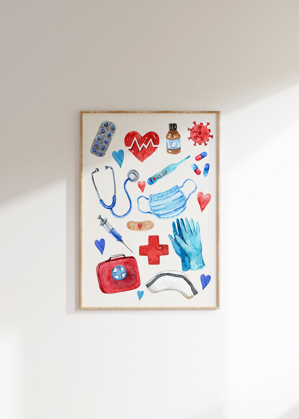 Watercolor Nurse Medical Icons Stethoscope Syringe Heart Poster - Image 2
