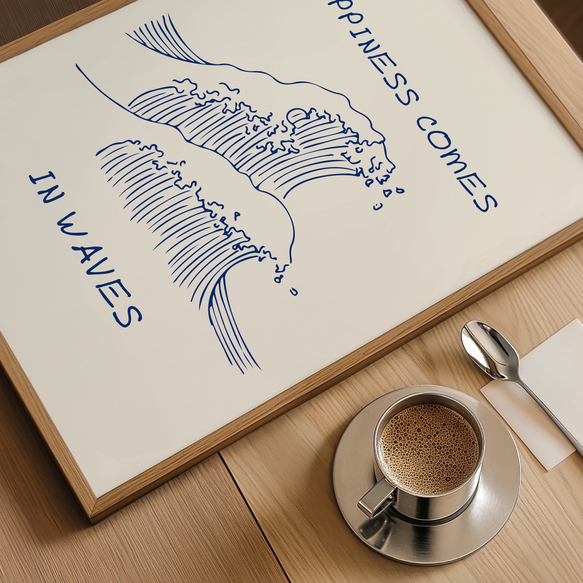 Happiness Comes in Waves Minimalist Surf Line Art Quote Poster - Image 4