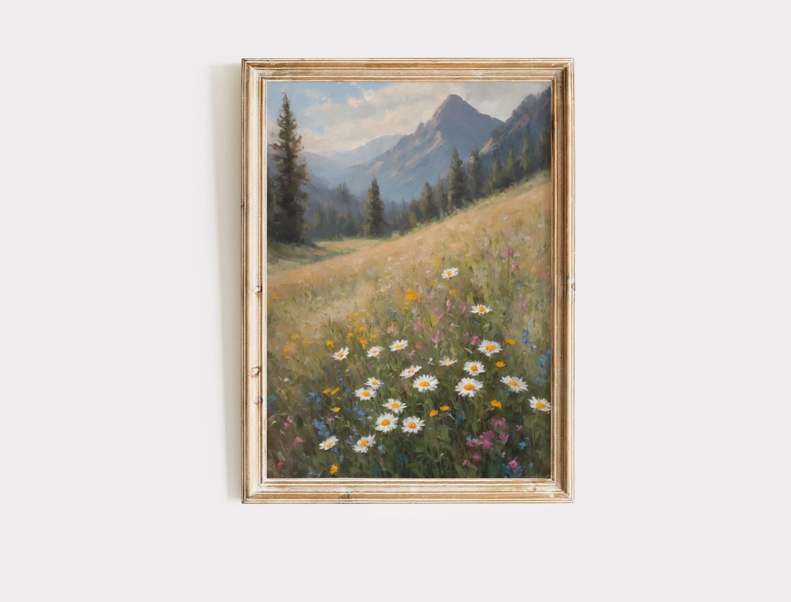 Daisy Wildflower Mountain Meadow Vintage Oil Painting Landscape Poster - Image 5