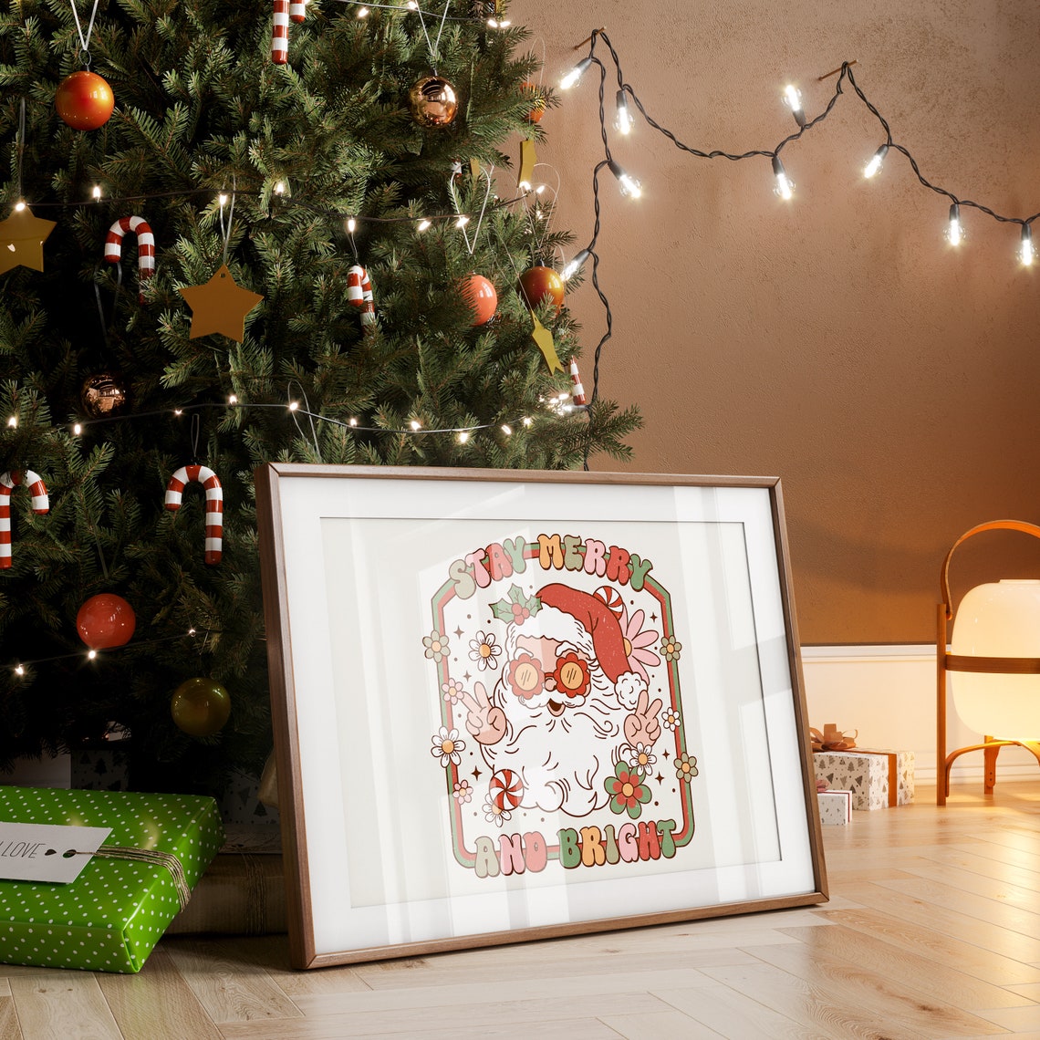 Groovy Stay Merry and Bright Retro 70s Santa Christmas Poster - Image 3