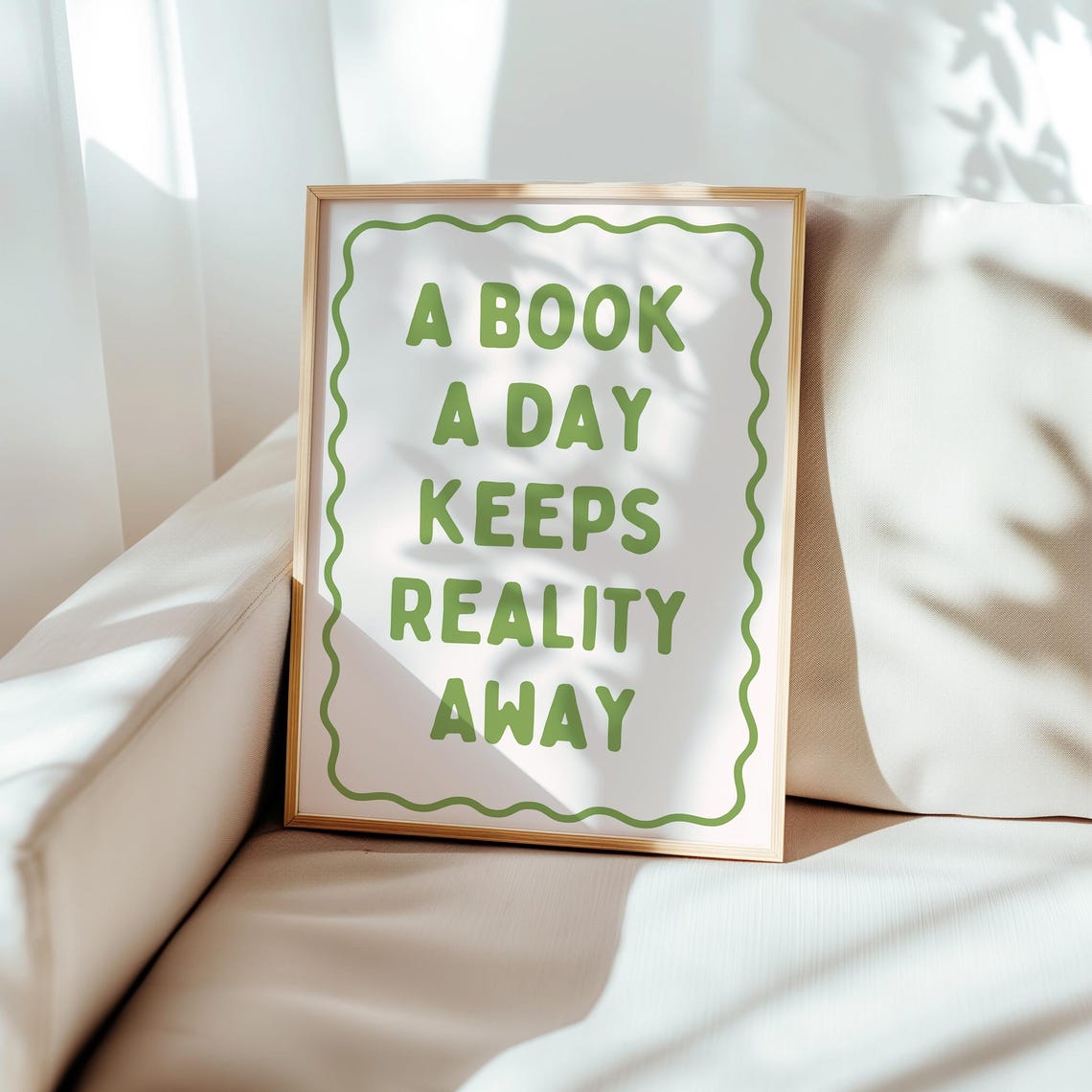 A Book a Day Keeps Reality Away Green Reading Nook Quote Poster - Image 4