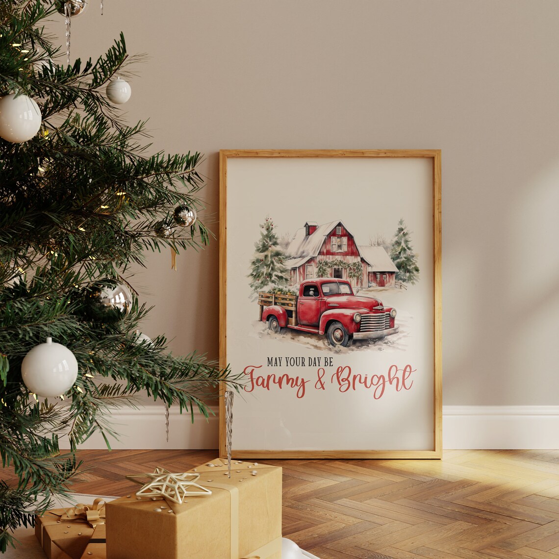 May Your Day Be Farmy And Bright Red Truck Farmhouse Christmas Poster - Image 4