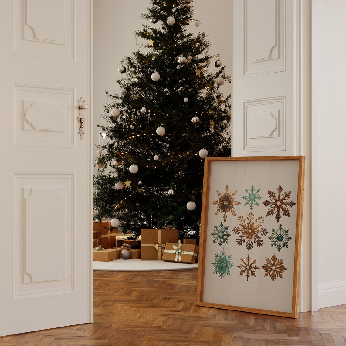 Watercolor Snowflakes Green and Gold Rustic Christmas Holiday Wall Art - Image 5