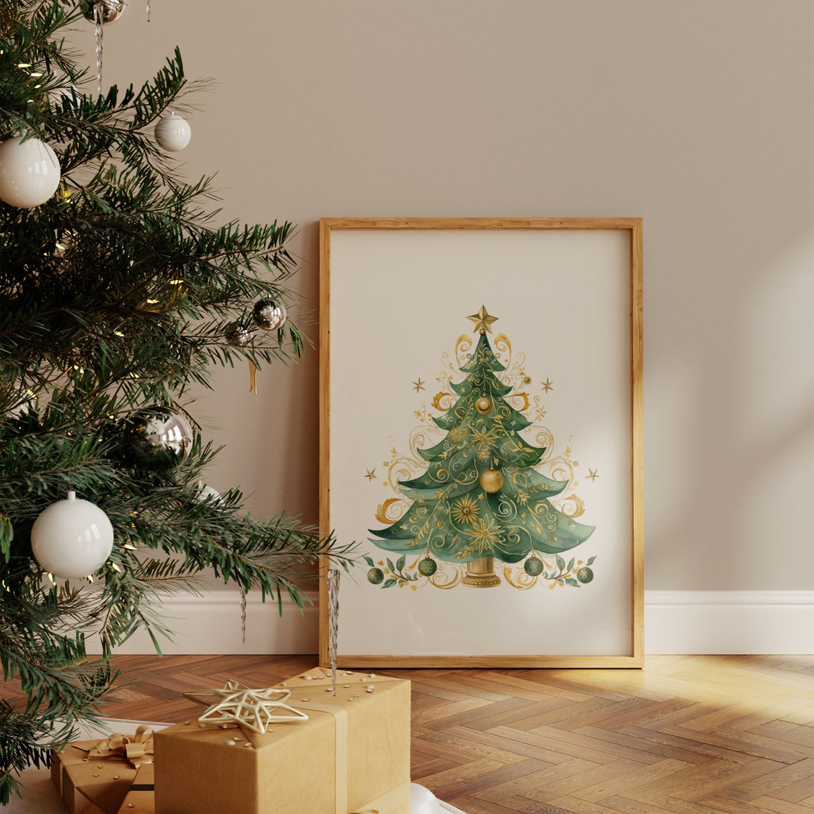 Elegant Gold Swirl Watercolor Christmas Tree With Ornaments Poster - Image 4